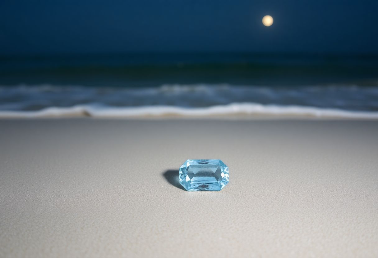 A serene scene of an aquamarine gem on a sandy ocean floor.