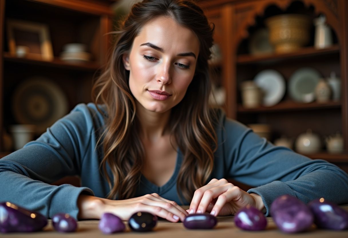 A woman inspecting raw birthstones in a cozy boutique setting.