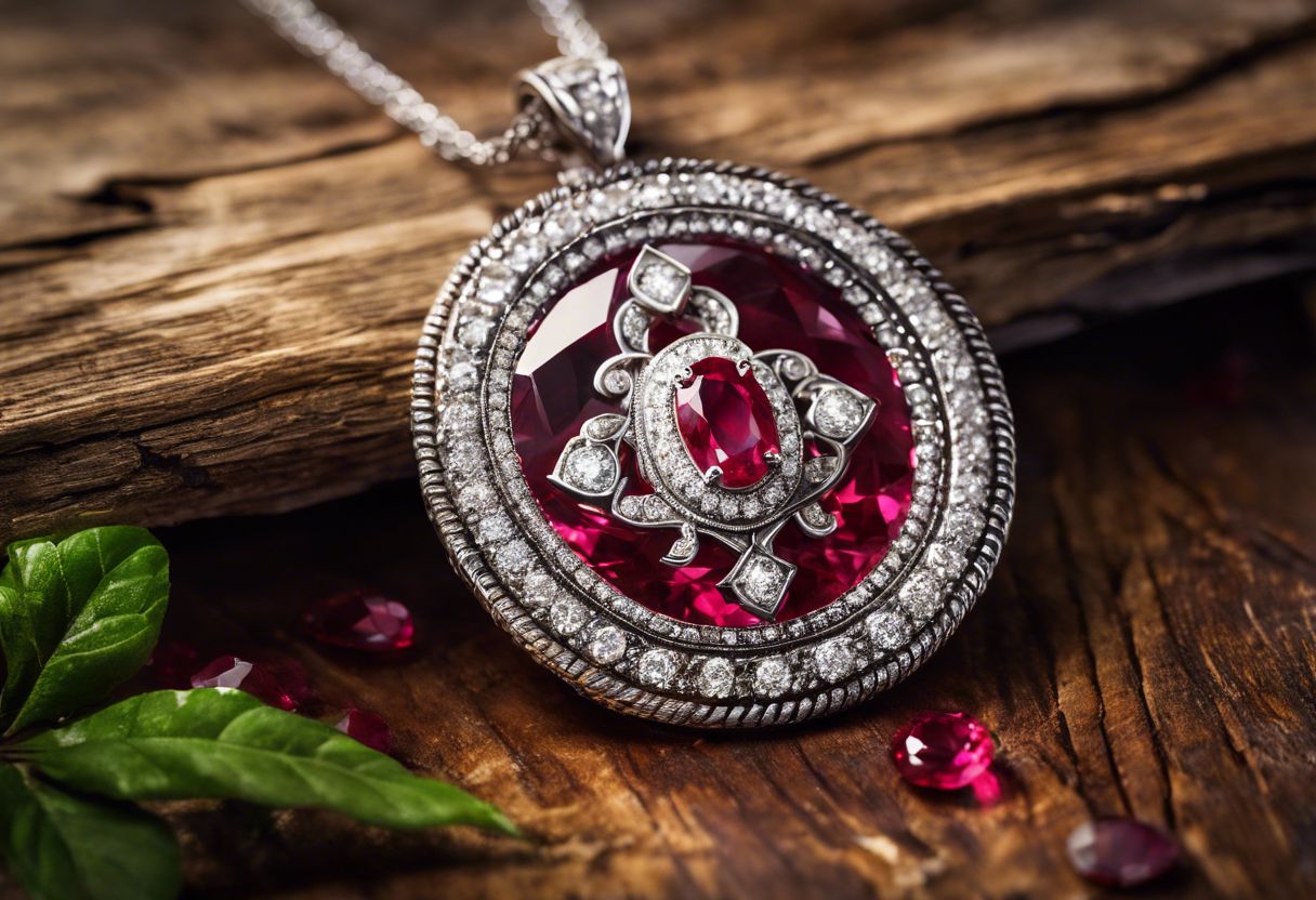 A classic Aries birthstone necklace with rubies and diamonds on a wooden table.