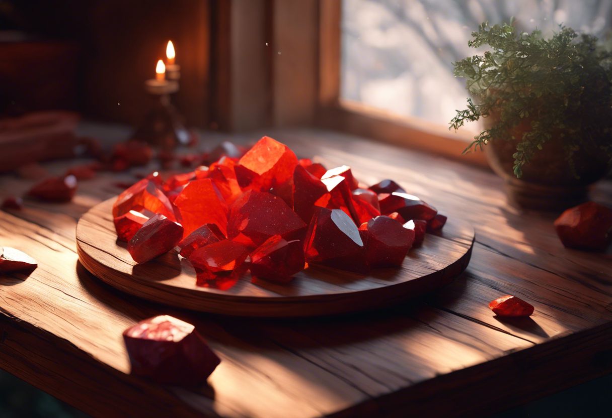 A collection of red jasper and bloodstone crystals on a wooden table.