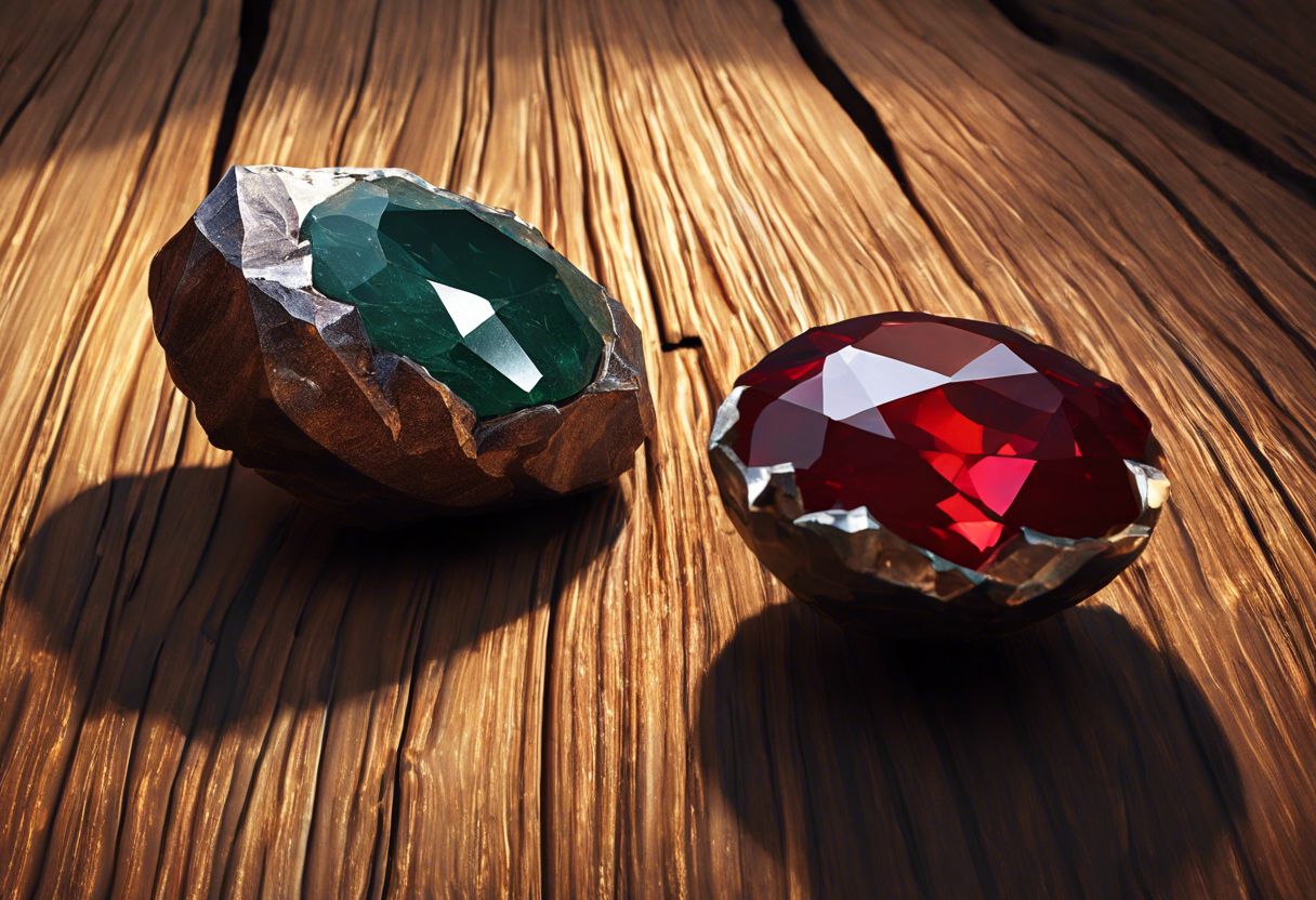 An unpolished bloodstone and a sparkling diamond on a wooden surface.