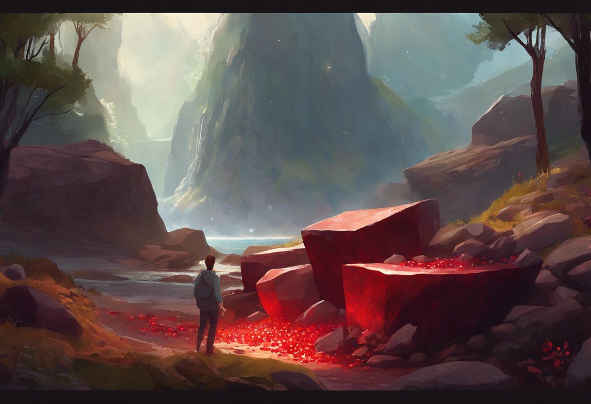 Scattered bloodstones and diamonds in natural setting, with a person nearby. Scattered bloodstones and diamonds in natural setting, with a person nearby.