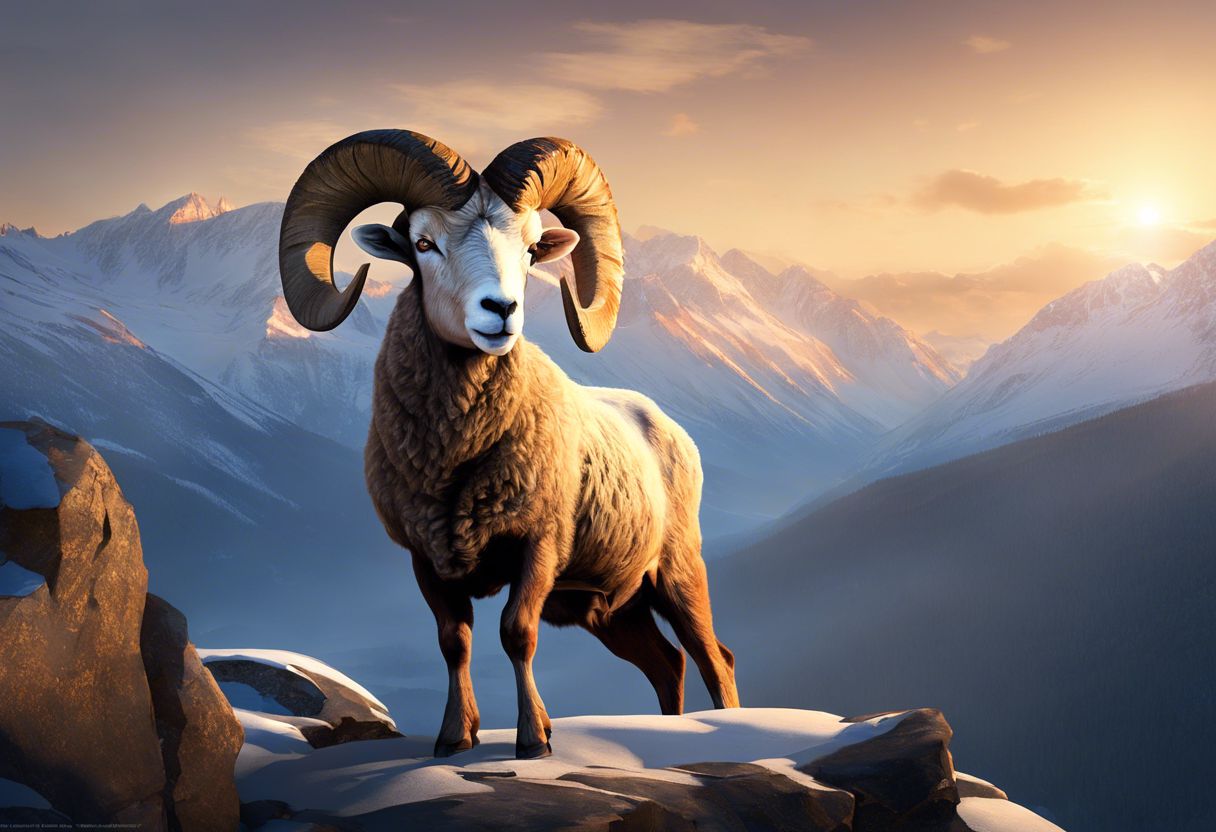 A solitary ram stands on a rocky mountain peak, surveying the landscape. A solitary ram stands on a rocky mountain peak, surveying the landscape.