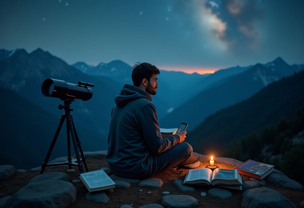 A person sits on a mountain peak at night surrounded by books and a telescope, contemplating the universe.