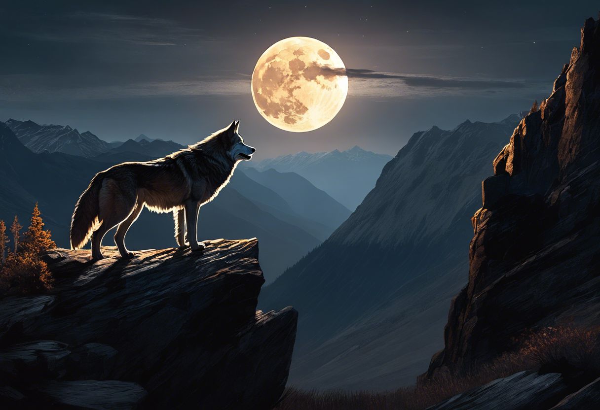 A lone wolf howling at a full moon in rugged mountains.