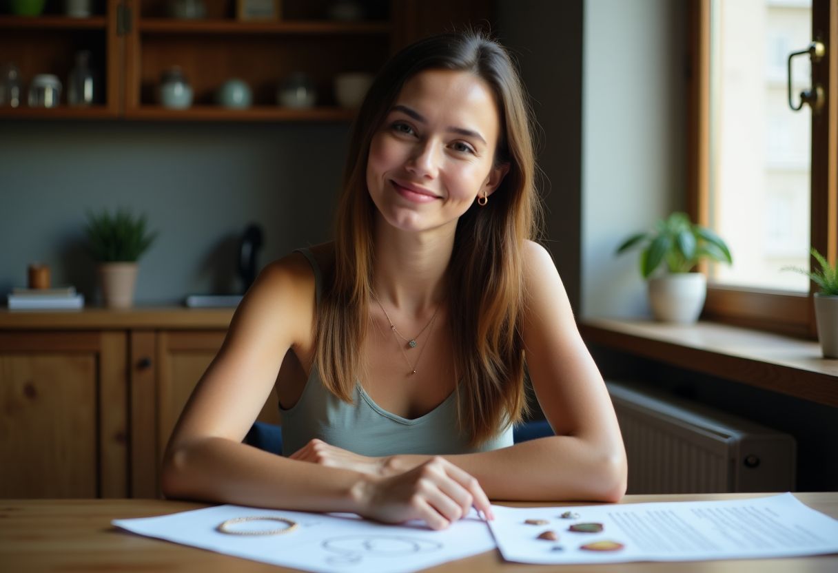 A woman chooses a Sagittarius gemstone necklace using astrology charts. A woman chooses a Sagittarius gemstone necklace using astrology charts.