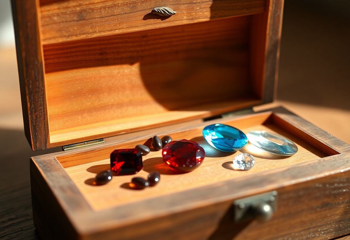A wooden jewelry box with Capricorn birthstones in soft lighting.