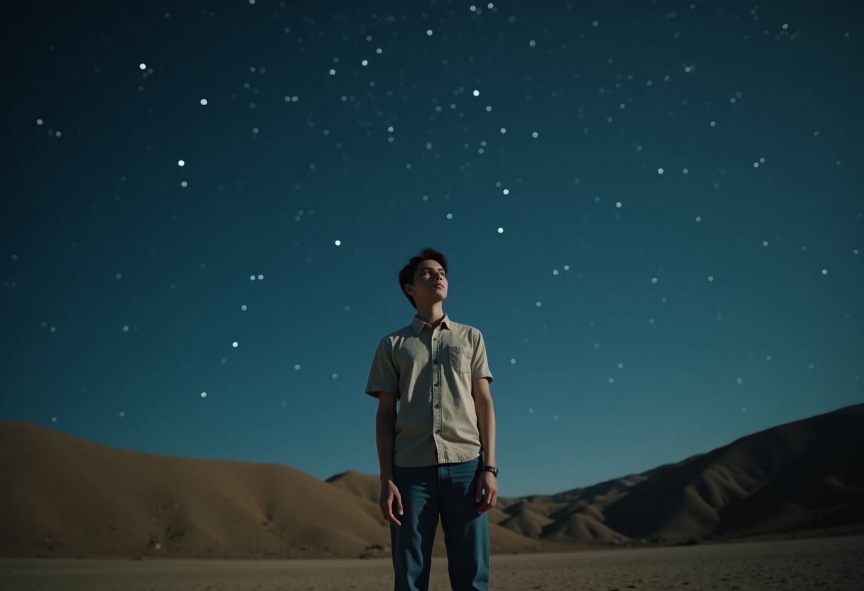 A person standing under the star-filled night sky in the desert.