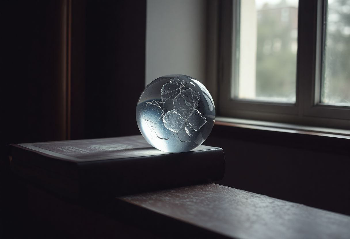 A shattered crystal ball on a dusty bookshelf in a dim room.
