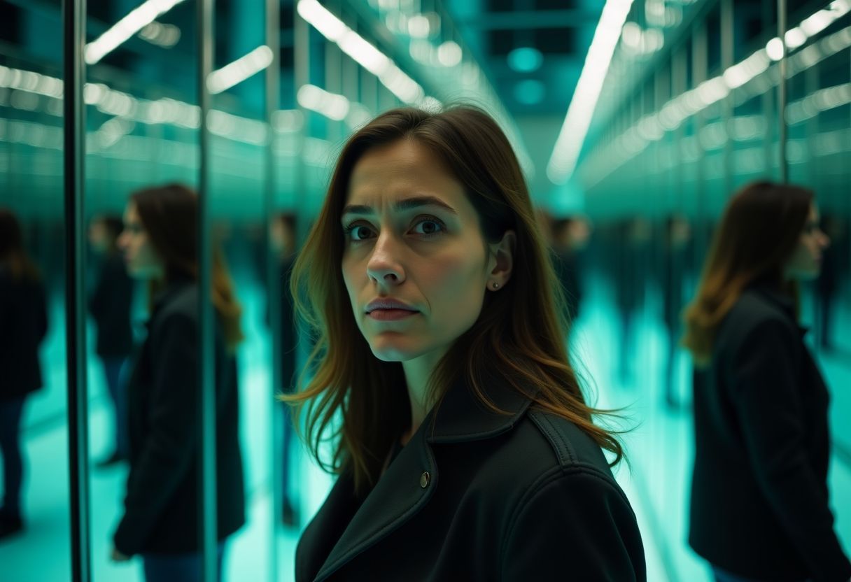 A woman navigates a confusing maze of optical illusions and distorted mirrors.