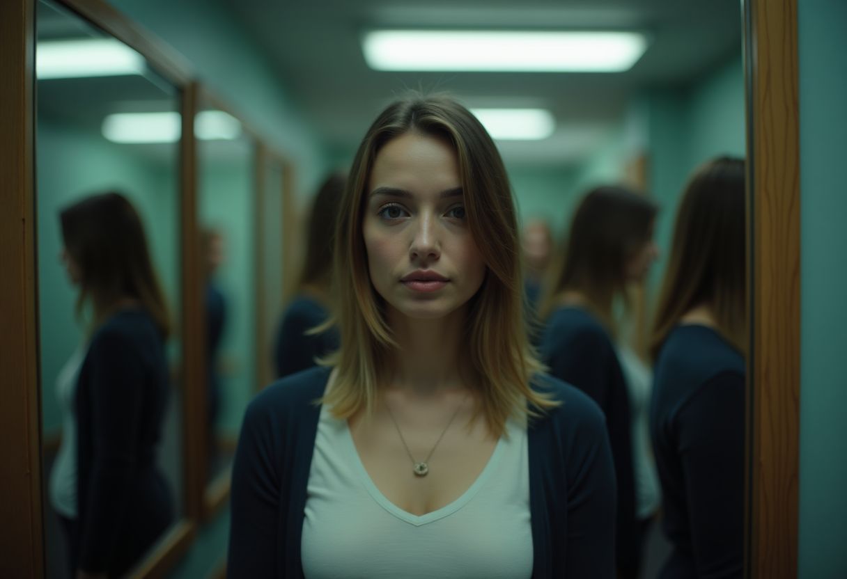 A woman surrounded by distorted reflections in a dimly lit room.