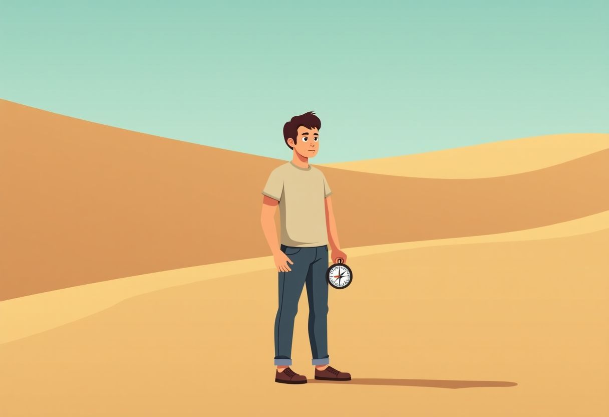 A person standing in a vast desert holding a compass.