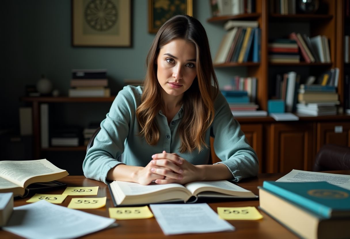 A woman surrounded by numerology books and journals, deep in thought.