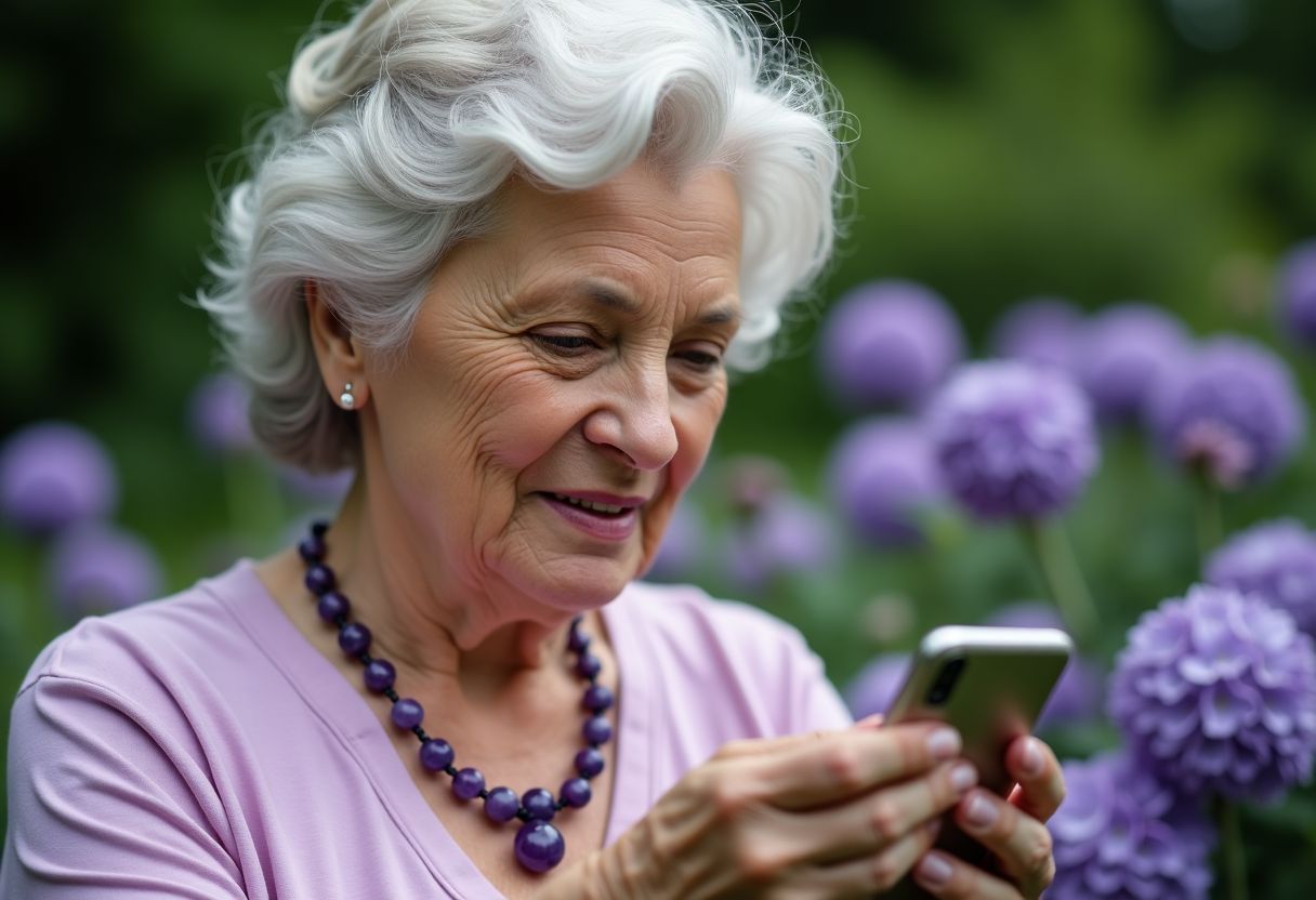 An older woman admires an amethyst necklace in a garden.