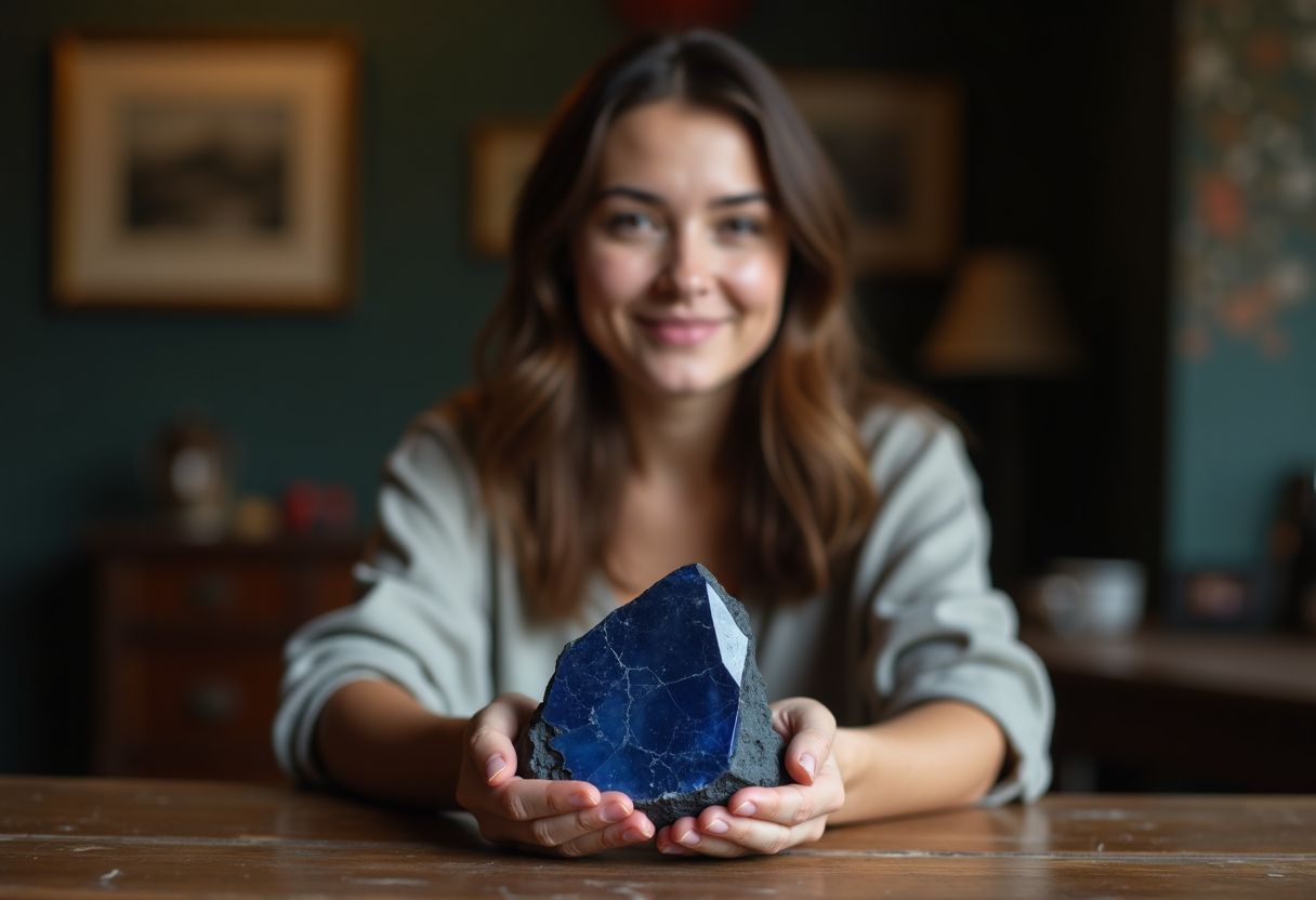 A woman holding a raw blue sapphire on a wooden table.