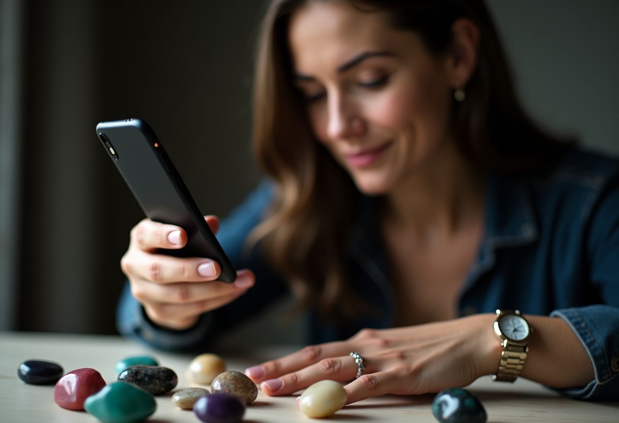 A woman examines Virgo birthstones in a relaxed atmosphere.