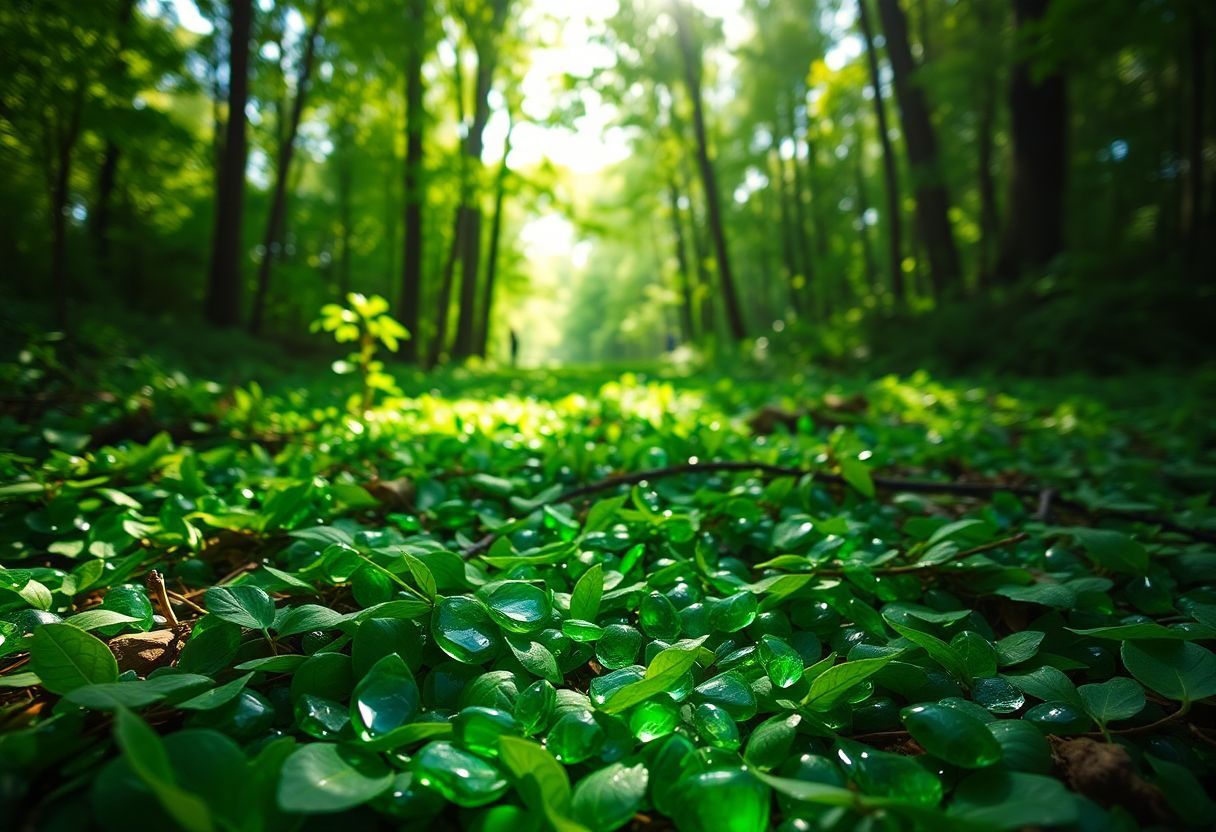 A forest floor scattered with emerald gemstones under dappled sunlight.