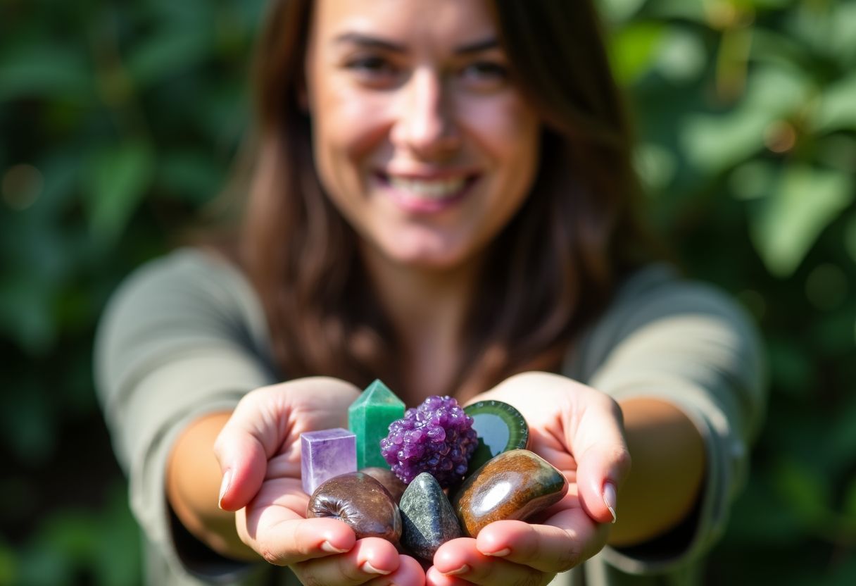 A person holding a cluster of crystals surrounded by greenery.