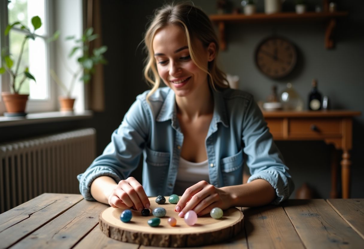 A woman arranges gemstones for Sagittarius on a wooden table.