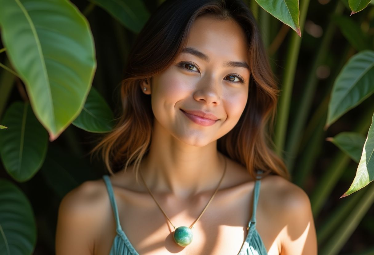 A young woman wearing a Virgo gemstone necklace in natural setting. A young woman wearing a Virgo gemstone necklace in natural setting.