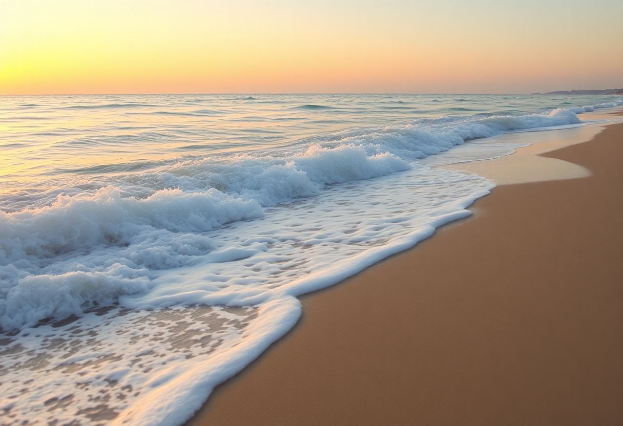 A peaceful beach at sunset with gentle waves and warm colors. A peaceful beach at sunset with gentle waves and warm colors.