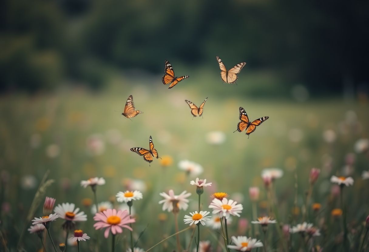 Five butterflies flying above blooming wildflowers in a peaceful outdoor scene.