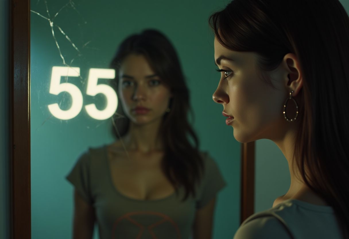A young woman looks at a blurred reflection of the number 555 in an old mirror.