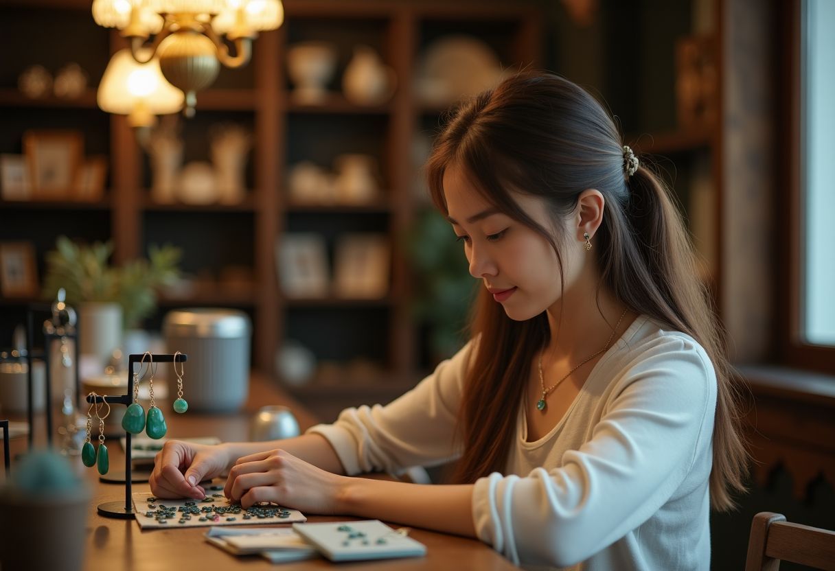 A young woman browses earrings at a cozy boutique jewelry counter. A young woman browses earrings at a cozy boutique jewelry counter.