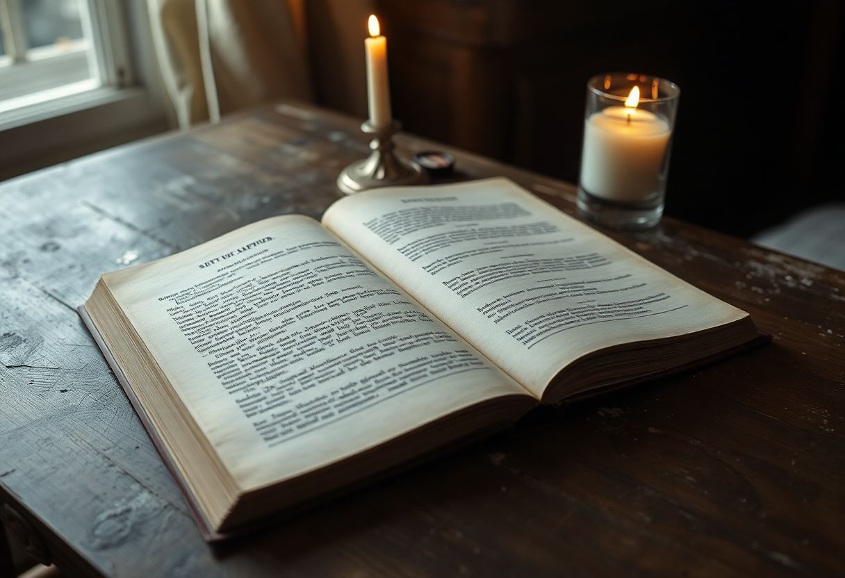 An old book open on a dusty wooden table with writings about sapphires.