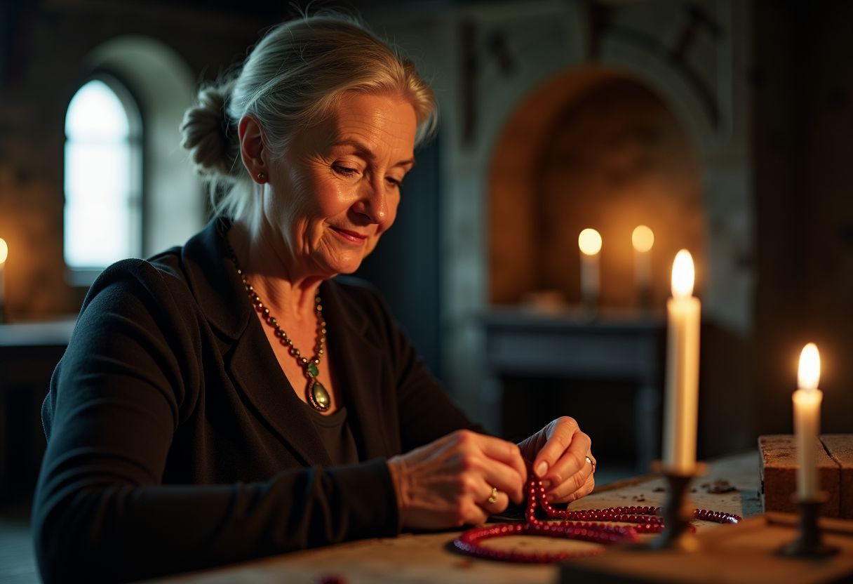An elderly woman examining an ancient ruby necklace in a medieval castle.