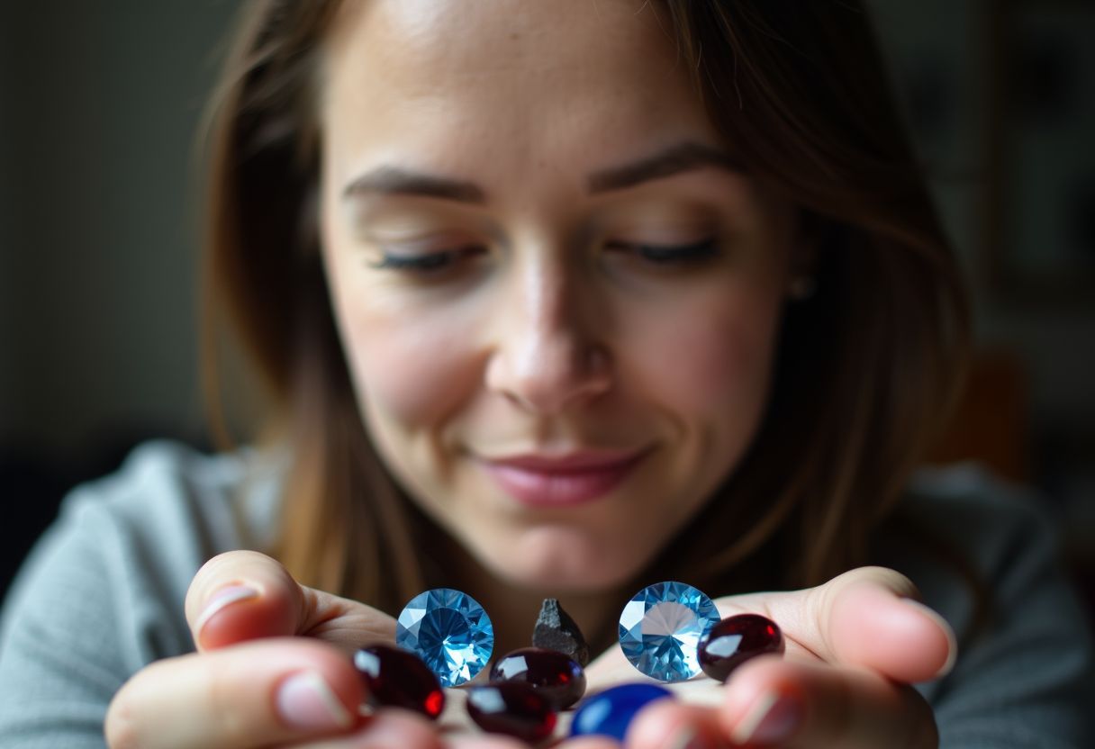 A woman examining gemstones to find her Capricorn birthstone.