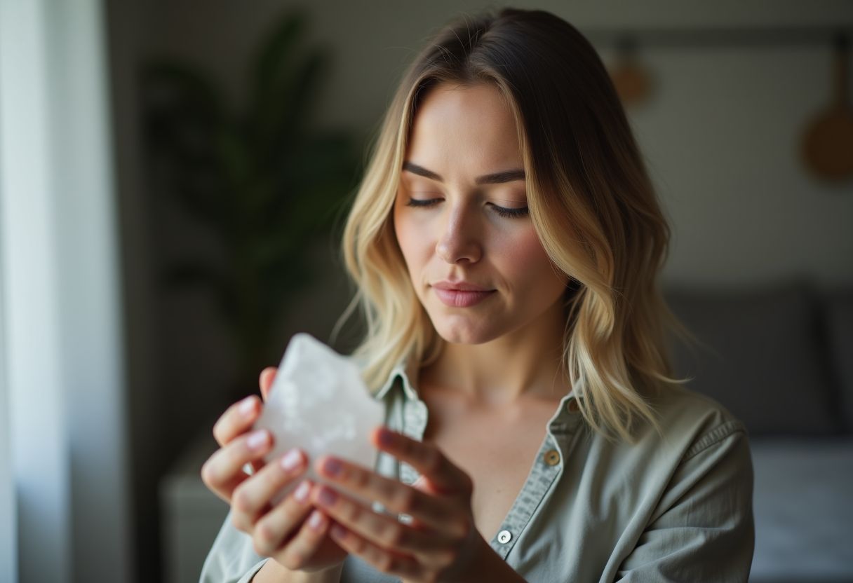 A woman in her 30s examining a clear quartz crystal in her hand. A woman in her 30s examining a clear quartz crystal in her hand.
