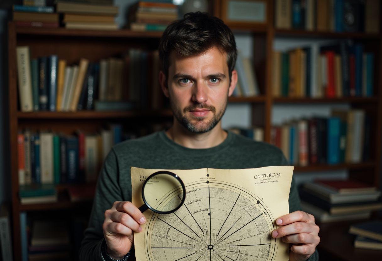 A person in casual clothing examines a torn astrology chart with a magnifying glass.