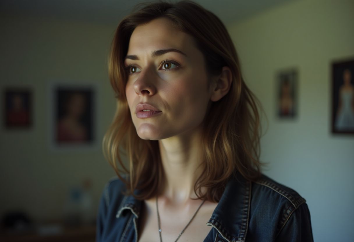 A woman in her 30s standing alone in a dim room.