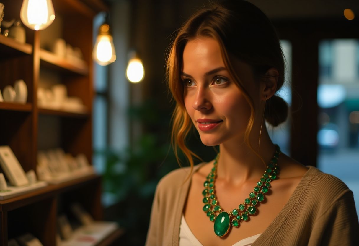 A woman in her 30s looks at a peridot necklace in a jewelry shop.