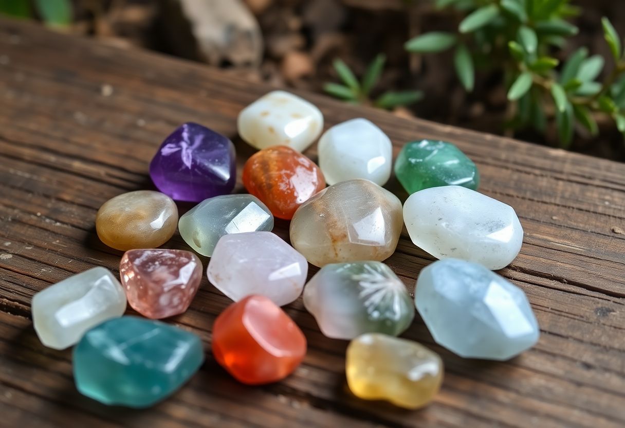 A group of Aquarius birthstones displayed on a rustic wooden table.