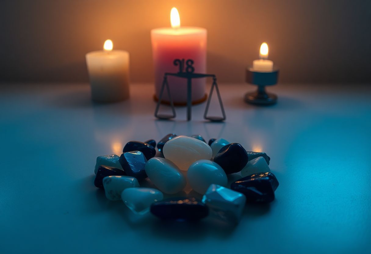 A tranquil arrangement of birthstones in candlelight for a Libra individual.