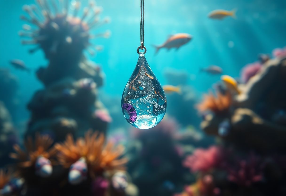 Una goccia d'acqua scintillante con pietre portafortuna in una vivace scena subacquea.