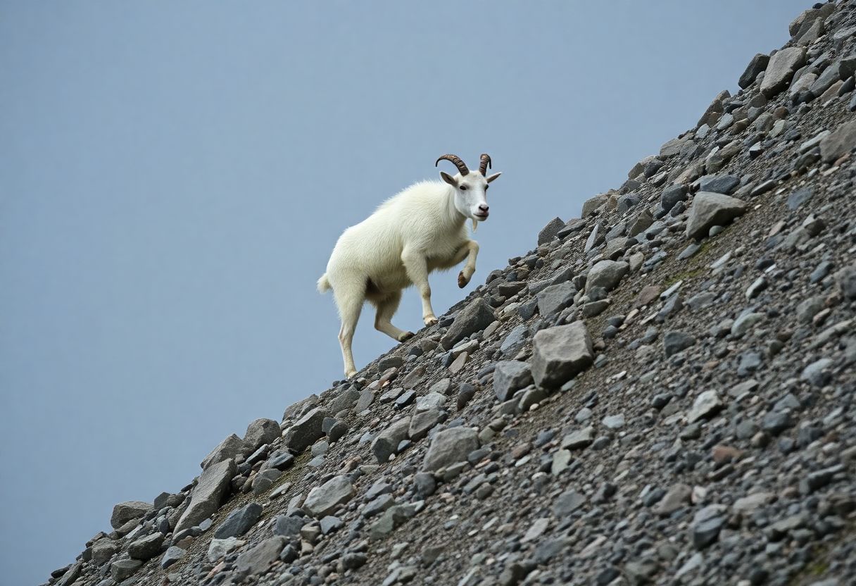 A determined mountain goat climbs a steep, rocky slope in harsh weather.