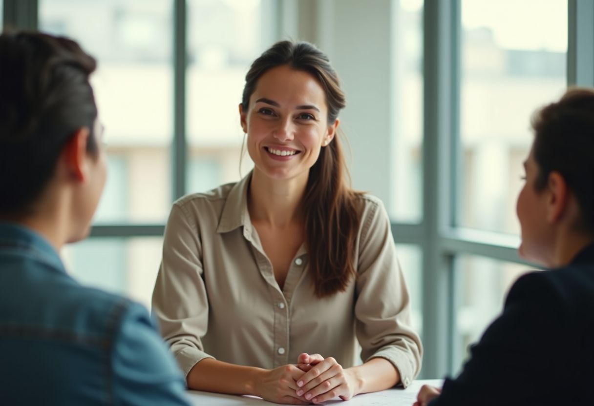 A confident woman leads a team meeting in a casual office setting.