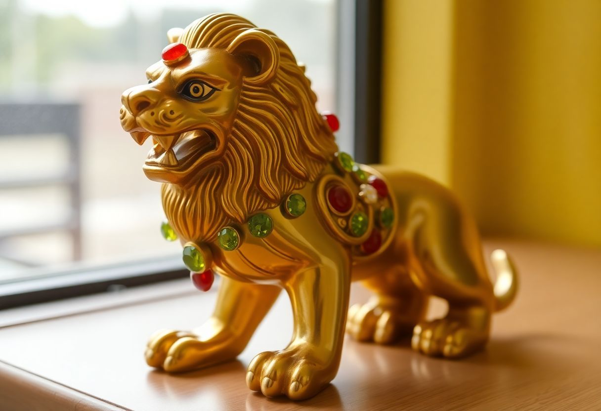 A golden lion statue adorned with gemstones in natural light. A golden lion statue adorned with gemstones in natural light.
