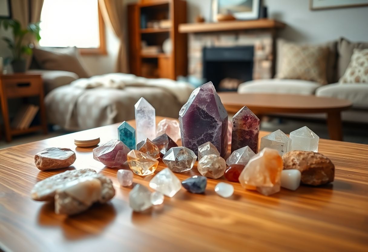A collection of Leo zodiac crystals arranged on a wooden table.