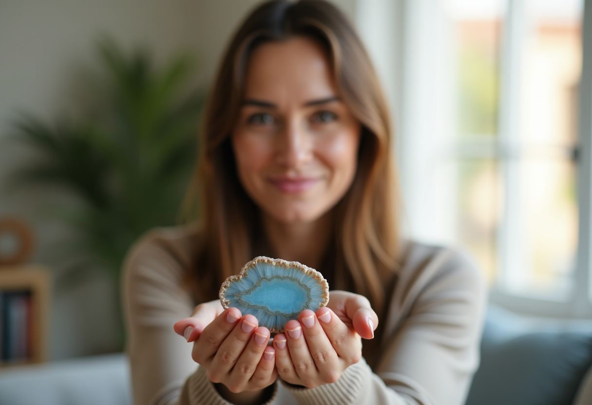 A woman holding two crystals in a softly lit room.