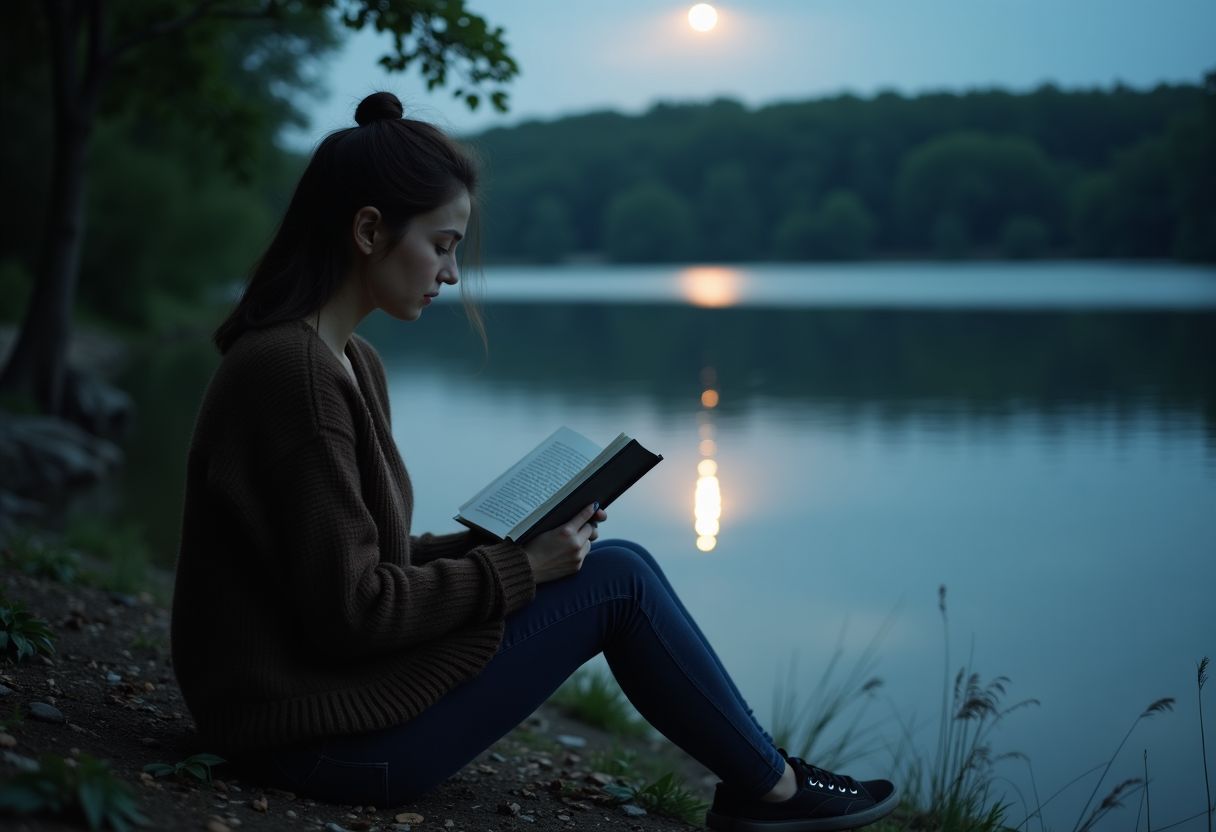 A woman reads a book by a calm lake at night. A woman reads a book by a calm lake at night.