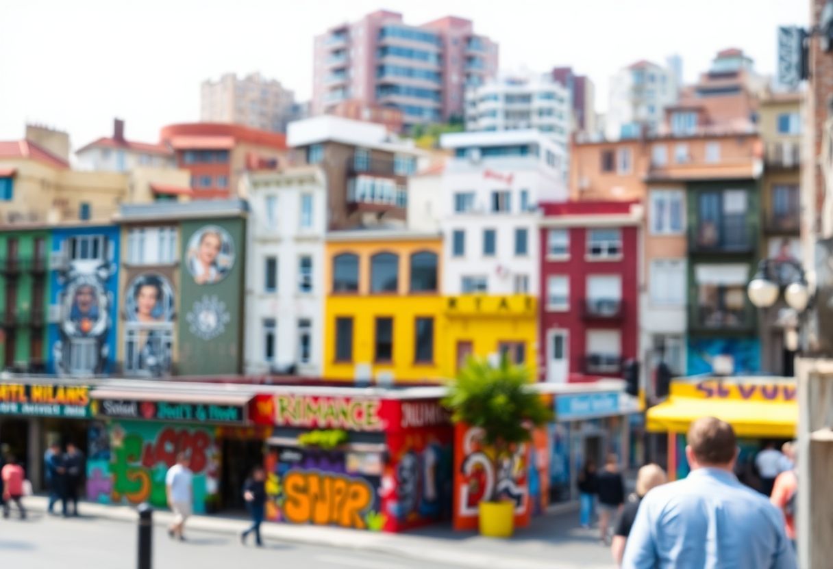 A vibrant cityscape with diverse buildings and colorful street art. A vibrant cityscape with diverse buildings and colorful street art.