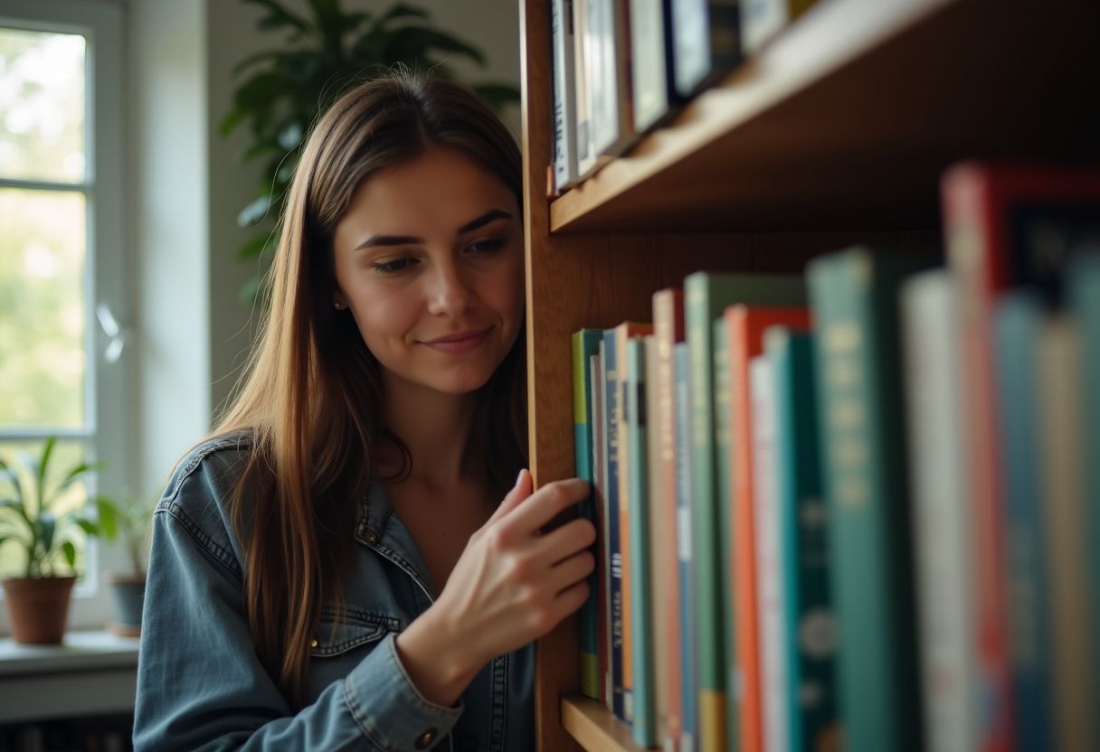 A woman in her late 20s organizing books in her home office.