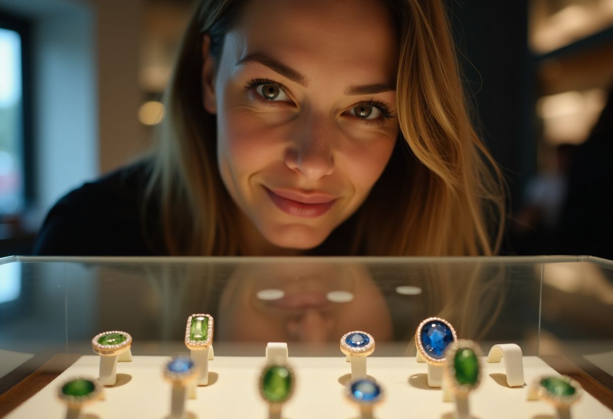A woman in her 30s looking at birthstone rings in a jewelry store.