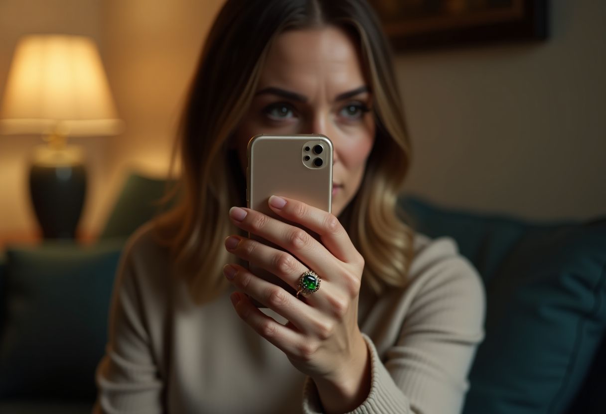 A woman wearing a Leo birthstone ring in a cozy living room.