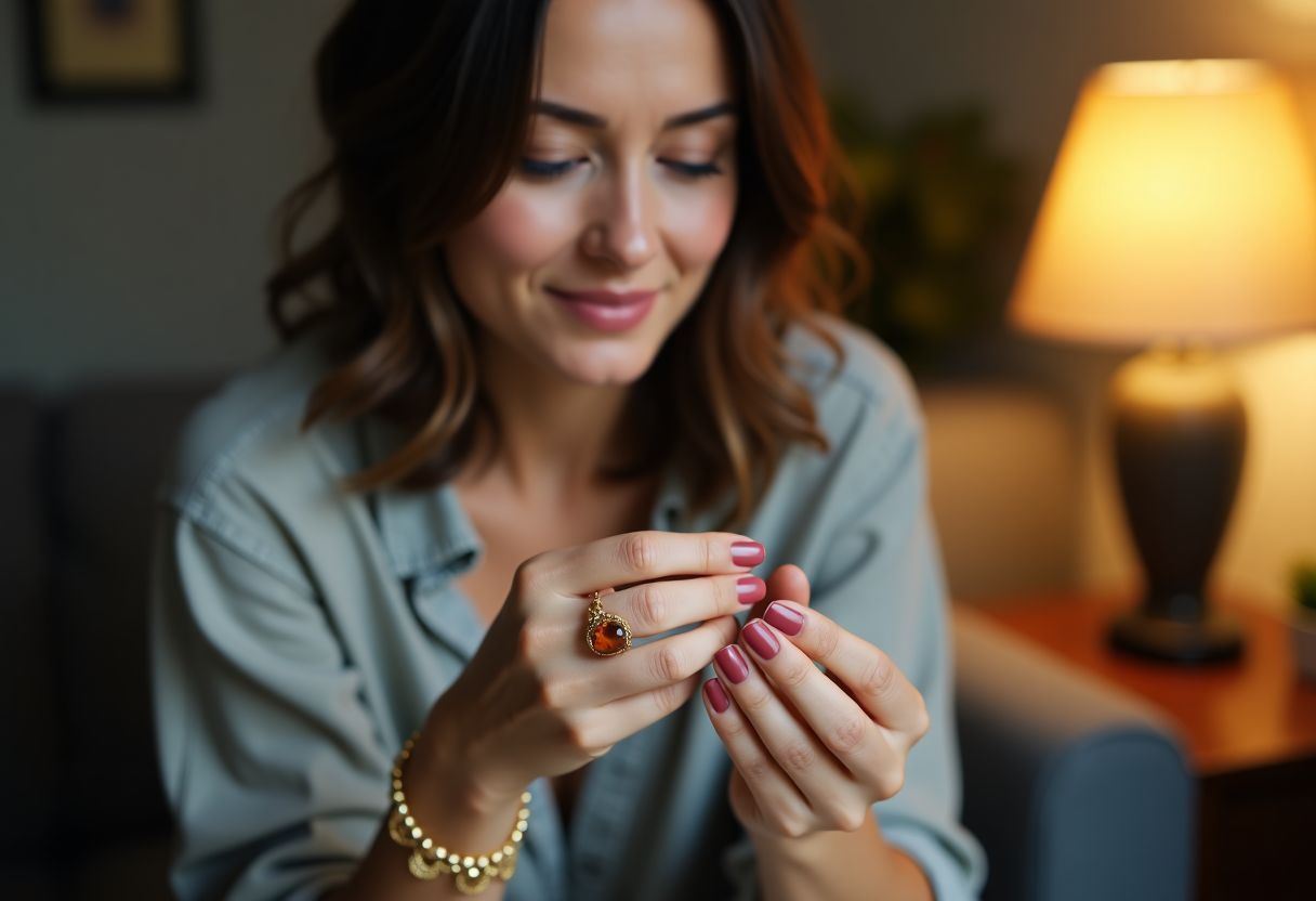 A woman in her 30s looking at gemstone bracelet charms.