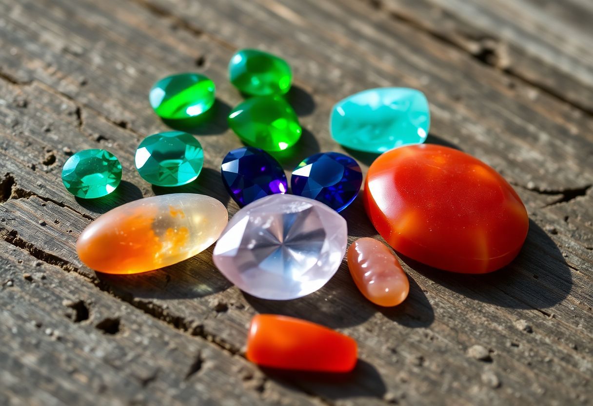 A photo of emerald, sapphire, rose quartz, and carnelian gemstones on wood. A photo of emerald, sapphire, rose quartz, and carnelian gemstones on wood.